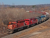 Yesterdays CP 254 rolls through the S curves into the City of Hamilton with a classic GMD/EMD lash up. 