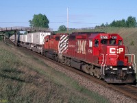 One of two SD40-2s painted in the CPR's Expressway scheme is actually on a westbound Expressway train at Nichols Road, Newtonville, the "bee bridges."