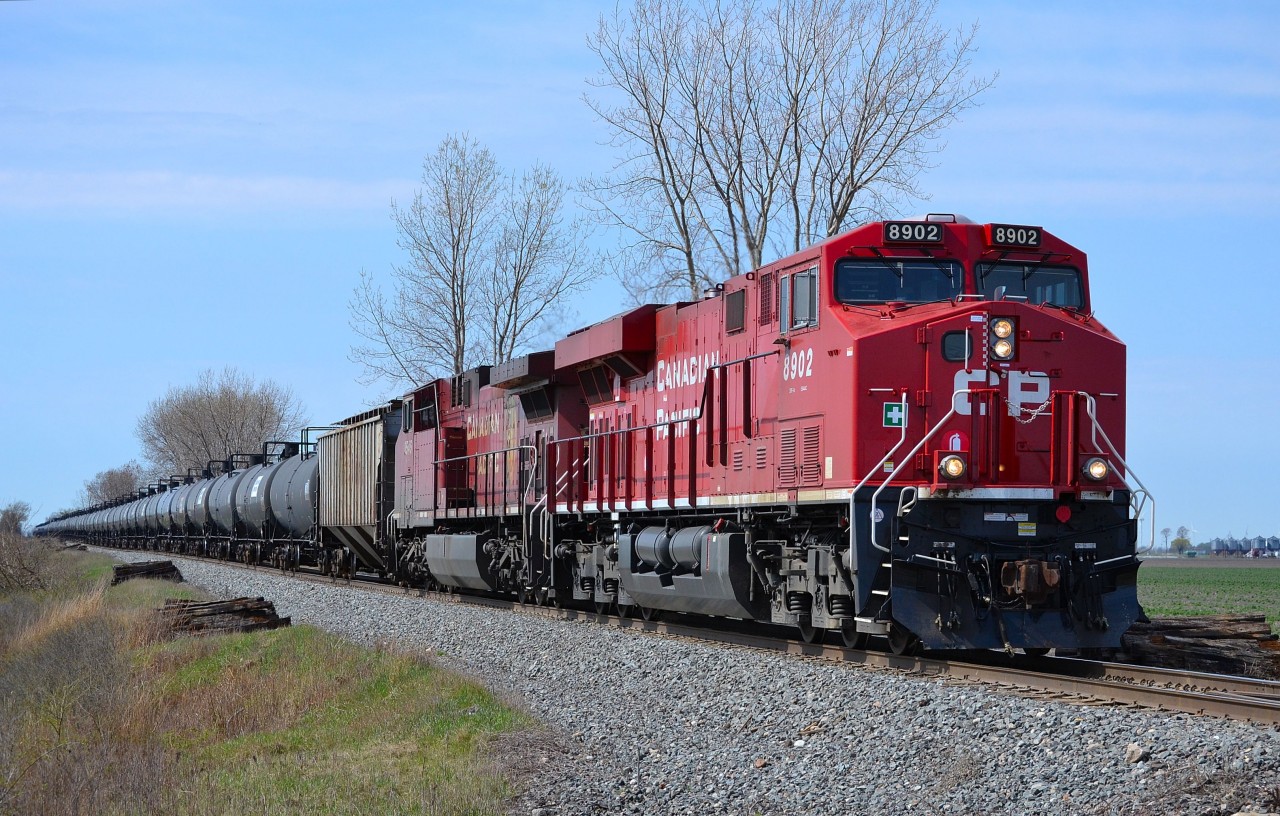 CP 640 an ethanol train led by new CP 8902, heads eastbound at Jeannette. mp 76