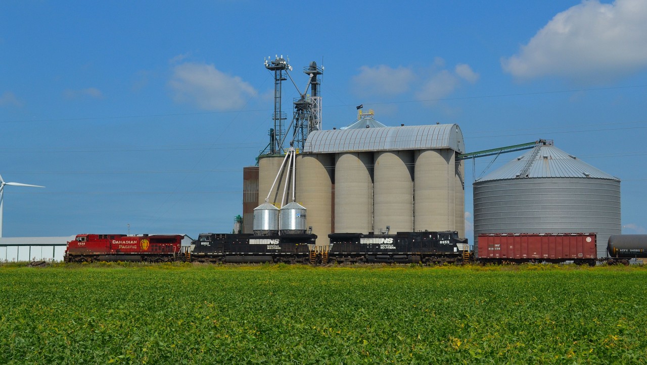 CP 615 heads westbound by the grain elevator at Haycroft led by a CP and a pair of NS units. The train made it almost all the way to London with just the NS units and tied down overnight. They added the CP unit in London in the morning.