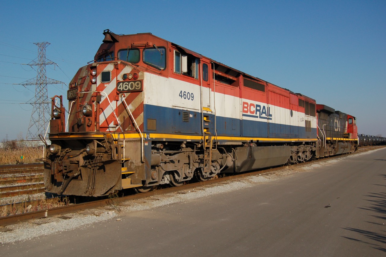 Got word of a BC Rail motor leading CN 331 on this fine fall afternoon, catching these guys far from home rails was a treat but leading made it all the more worthwhile, here we see BCOL 4609 tieing up after it's run into Sarnia on train 331.