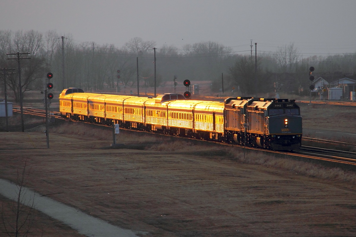 VIA's eastbound Canadian arrives in Portrage at sunset.