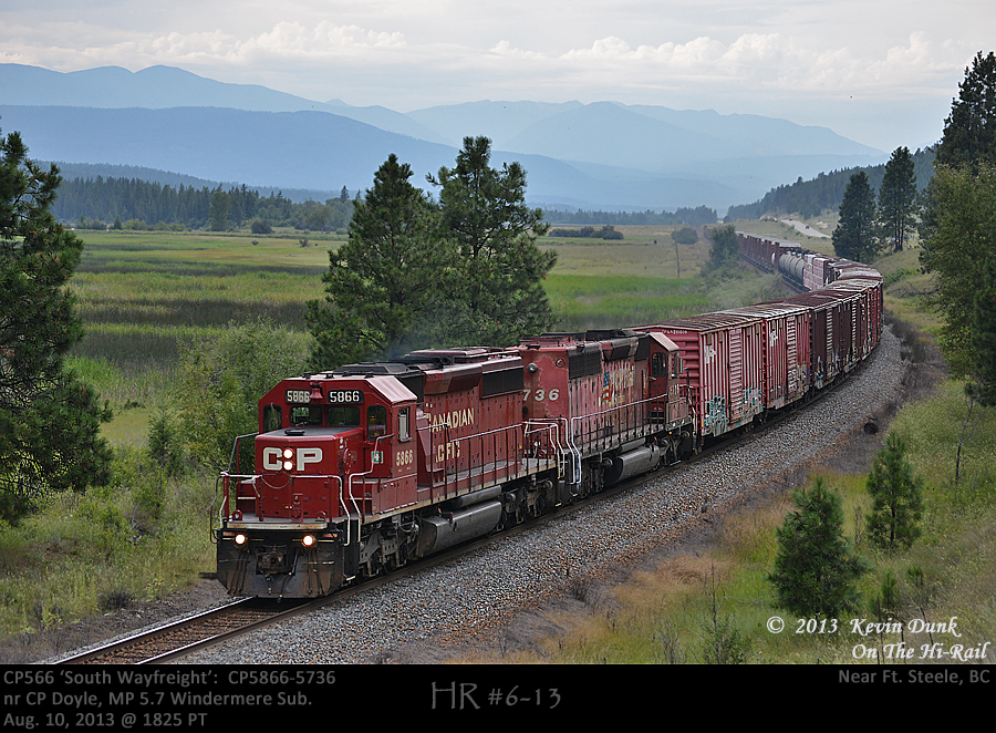 CP 566, the 'South Wayfreight' from Golden BC, with CP5866 and 5736 are about to finish their day as 566 is just a few miles from Ft Steele where the crew will terminate.  A yard crew from Cranbrook will then haul the train up to Cranbrook for switching in preparation for the train to Trail or pick up by east or west bound through freights.