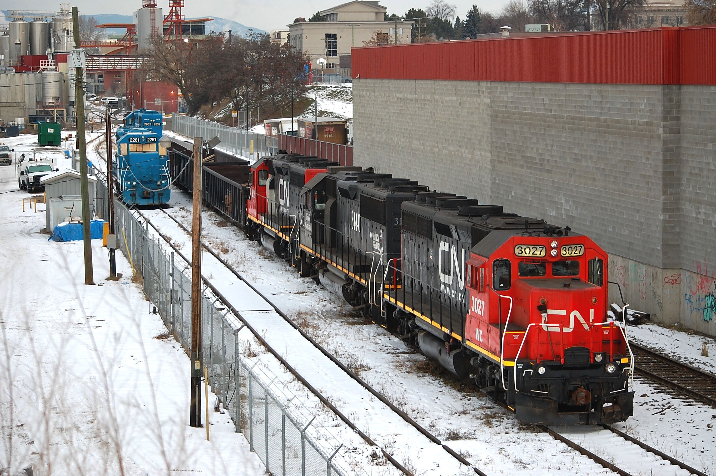 Railpictures richard hart Photo CN 3027 IC 3140 CN 3026 have arrived in Vernon with the daily run from Kamloops and will be departing for Tolko Industries Lavington later in the day