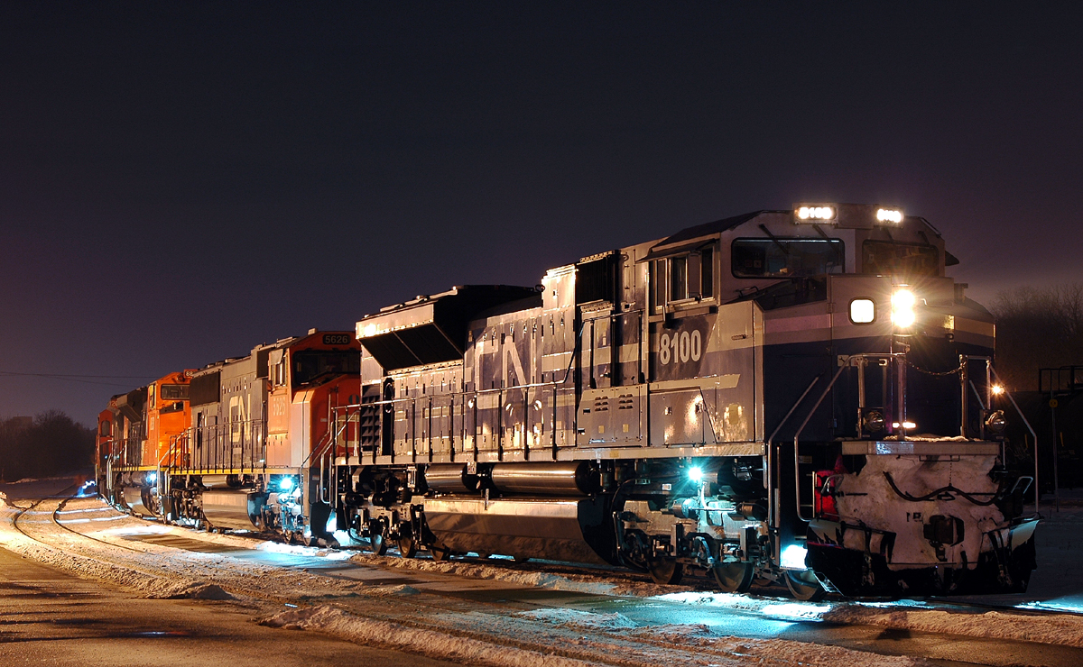 CN 8100 once again leading a 396 under cover of darkness, this time with CN 5626, CN 8838 and CN 2034 trailing. (photo taken at 01:08 for those who must know) :)