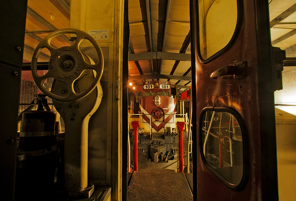 Inside, looking out from the 1210....OSRX 181 quietly sleeps after a hard days work on the Guelph Junction Railway.