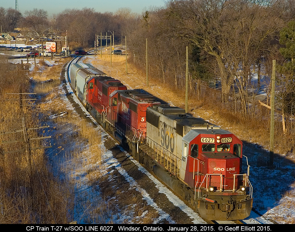 With the same consist as yesterday CP Train T-27, the Windsor to Detroit transfer, makes it's way out of Windsor Yard bound for Walkerville.  Overnight CP has doubled traffic on this train, going from 1 empty bulkhead yesterday, to 2 empty hoppers today, although they will be lifting about 15 cars in Walkerville destined to the CSX in Detroit.  Love seeing a white SOO on the point again...  :-)