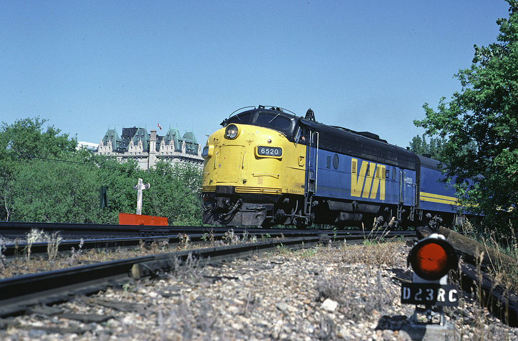 Via Rail FP9A 6520 leads train #109 out of the station in Winnipeg. Train #109 operated over the CN line to Edmonton replacing the service formerly provided on that route by the Super Continental.