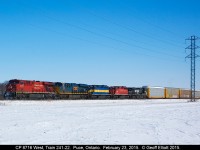 Colorful to say the least.  Here we have CP 8716 West, train 241-22, leading a mix of color with CSX 3080, DME 6071, DME 6072, and NS 9842 as they approach Wallace Line on February 23, 2015.