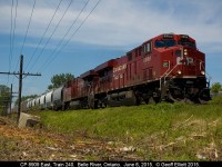 CP 8909 East, Train 240, is passing Belle River siding on CP's Windsor Subdivision with a clearance to Tilbury.  As you can see CP has been doing some significant weed/brush cutting here which has allowed for some new views which I hope to use as much as possible before it grows back over.  My back yard is just behind the trailing unit to the right, so at least I don't have far to go....  :-)