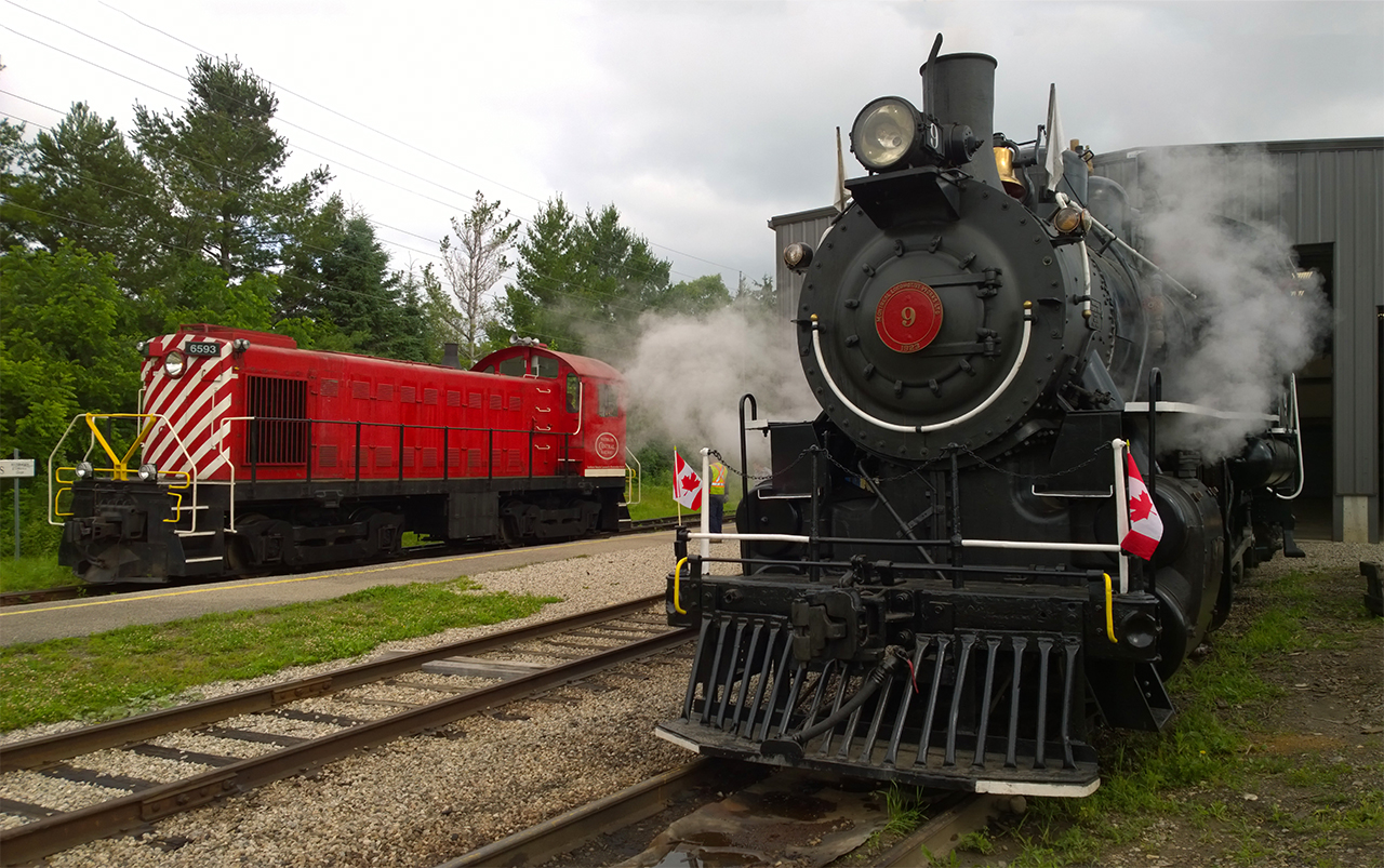 With number 9 beginning to produce steam the ALco heads out to make up the train for her on this July 1st. ETR no.9 was built by MLW in 1923 for the Essex Terminal Railway where she served her life until 1960 when she was retired. Built by 3 men in St. Thomas from about 500 peices she then pulled trains for the St. Thomas Central Railway, when they had to close the operation was moved to Waterloo where she now pulls trains for the renamed Waterloo Central Railway.