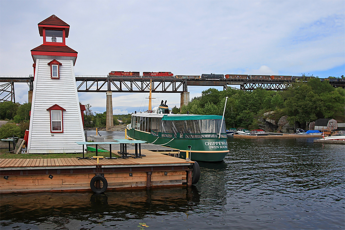 Took an afternoon drive over to Parry Sound and caught a few trains on the CP trestle over the Seguin River. Didn't get any train numbers, and this was the only one in which I could (barely) make out the locomotive number.