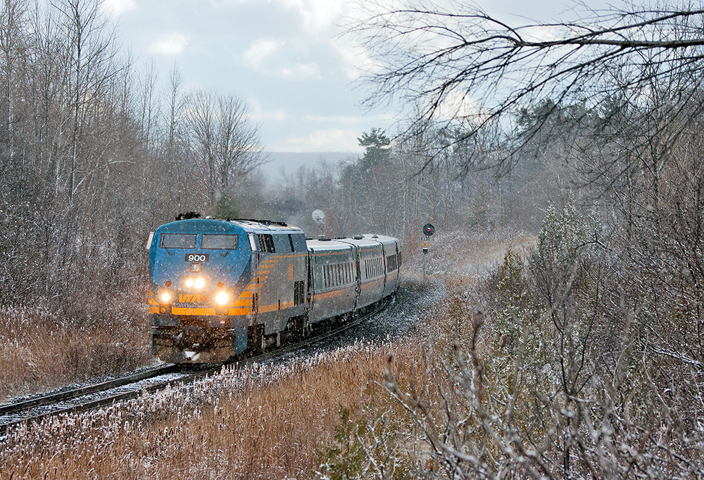 An eastbound VIA detour makes quick work of the grade on the freight only portion of the Halton Sub.