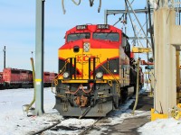 Freshly fueled, sanded and ready to go, this pooled power Kansas City Southern GEVO waits on track 7 of the Agincourt service island.