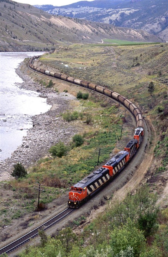 This eastbound potash train has just left Spences Bridge and in the Thompson River Gorge.