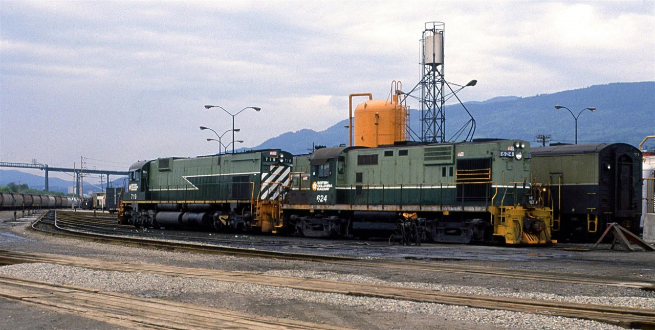 An RS-18 and a M-630 sit in the yard at N Vancouver. Is that a radio control car to the right of 624? I had seen BCR radio cars on CP.