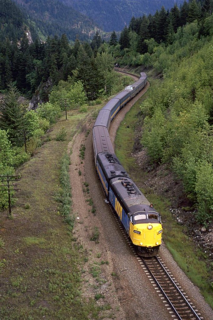 In the heart of the Fraser River valley, the westbound "Super Continental" is at Alexandra Bridge.