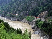 Eastbound CP manifest train in the heart of the rugger Fraser River valley, just north of Spuzzum, and nearing Hell's Gate.