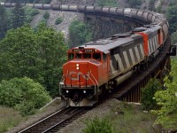 A westbound potash train crosses Anderson Creek, just south of Boston Bar.