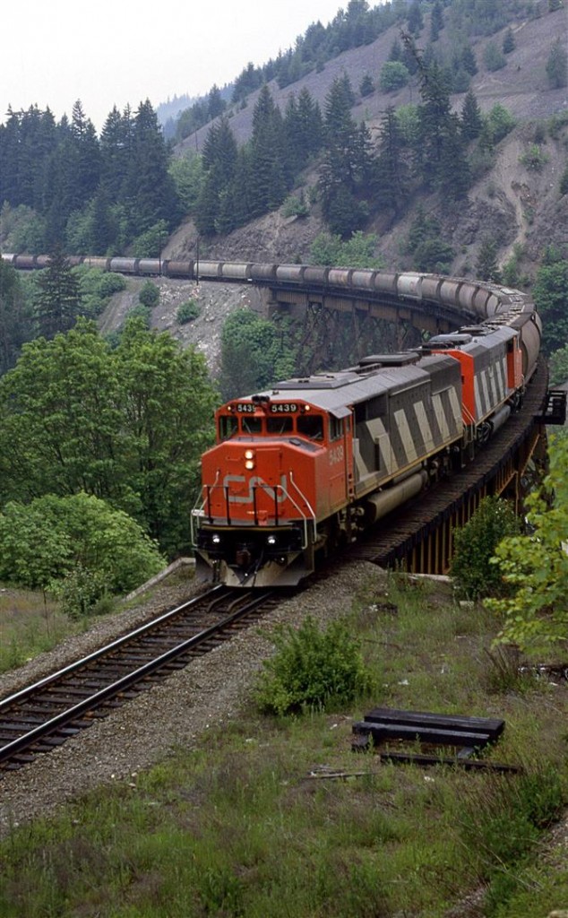 A westbound potash train crosses Anderson Creek, just south of Boston Bar.