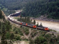 The other bridge in Lytton that crosses the Fraser River after the Thompson River confluence. This is an eastbound manifest train with a little intermodal on the front end.