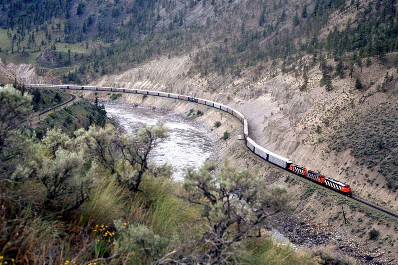 Eatbound auto train near Seddall, in the Thompson River canyon.