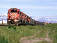 This is CTC Board's Day in the West II. My wife and I went out to Cochrane. As usual for that time, we did not get an early start, although 0838hrs would seem early to some folks. This was the longest day of the year and the sun had been up for a few hours already.
This is an eastbound manifest with what are likely wood products on the head end.