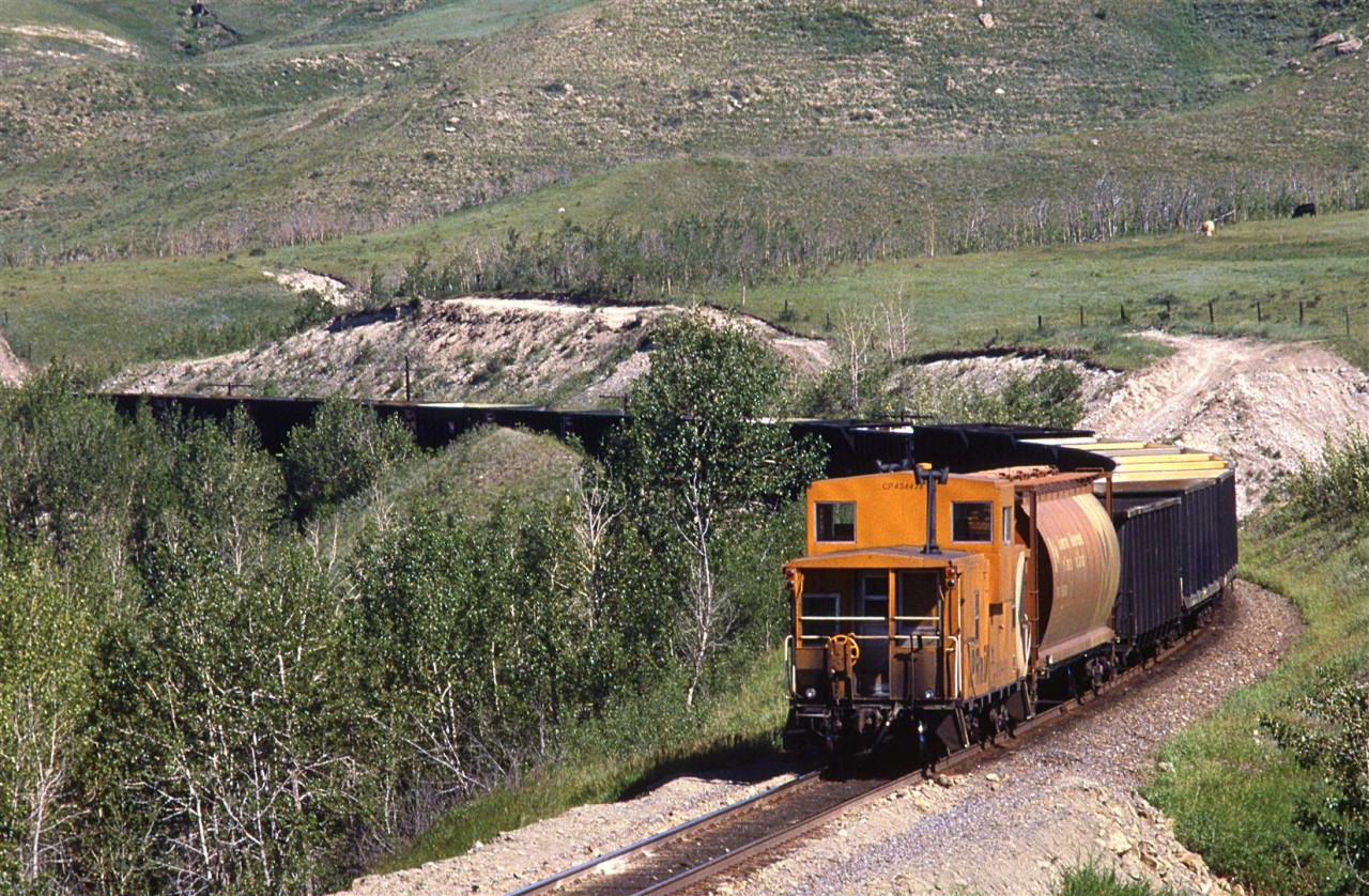 The tail end of a loaded westbound sulphur train snakes along at the foot of Cochrane hill adjacent to the Bow River.
This would be the last photograph that my Mamiya NC1000 would produce. I made the mistake of sitting my camera on my tripod while waiting for the next train. a gust of wind came along (to anyone familiar with the area, I probably did not have to mention this) and knocked the setup over and broke the lens mount. 
There would be a photographic hiatus while I figured out what I was going to do camera-wise.