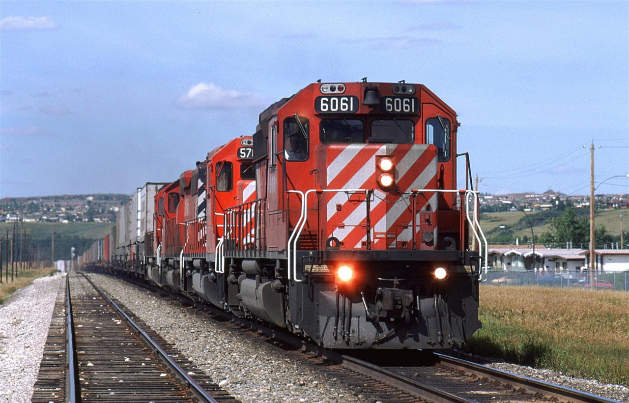 Running just ahead of the eastbound "Canadian", this high priority freight train could be counted up to arrive at about the same time as the passenger train.