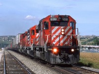 Running just ahead of the eastbound "Canadian", this high priority freight train could be counted up to arrive at about the same time as the passenger train. 