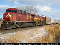 CP Train #647 pulls out of the siding in Belle River, Ontario after waiting on train #650 to clear up on the main.  Today we have CP 9805 on point with Kansas City Southern SD70MAC #3908 trailing to provide some color to the normal boring parade of CP GE's that roll on the Windsor Sub.