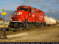 CP GP20-ECO #2325 shoves back into the Essex Terminal Interchange to deliver 10 cars in the early morning light of March 21, 2016.