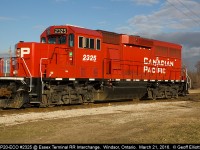 A nice early morning roster of CP GP20-ECO #2325 at the Essex Terminal Interchange in Windsor, Ontario.