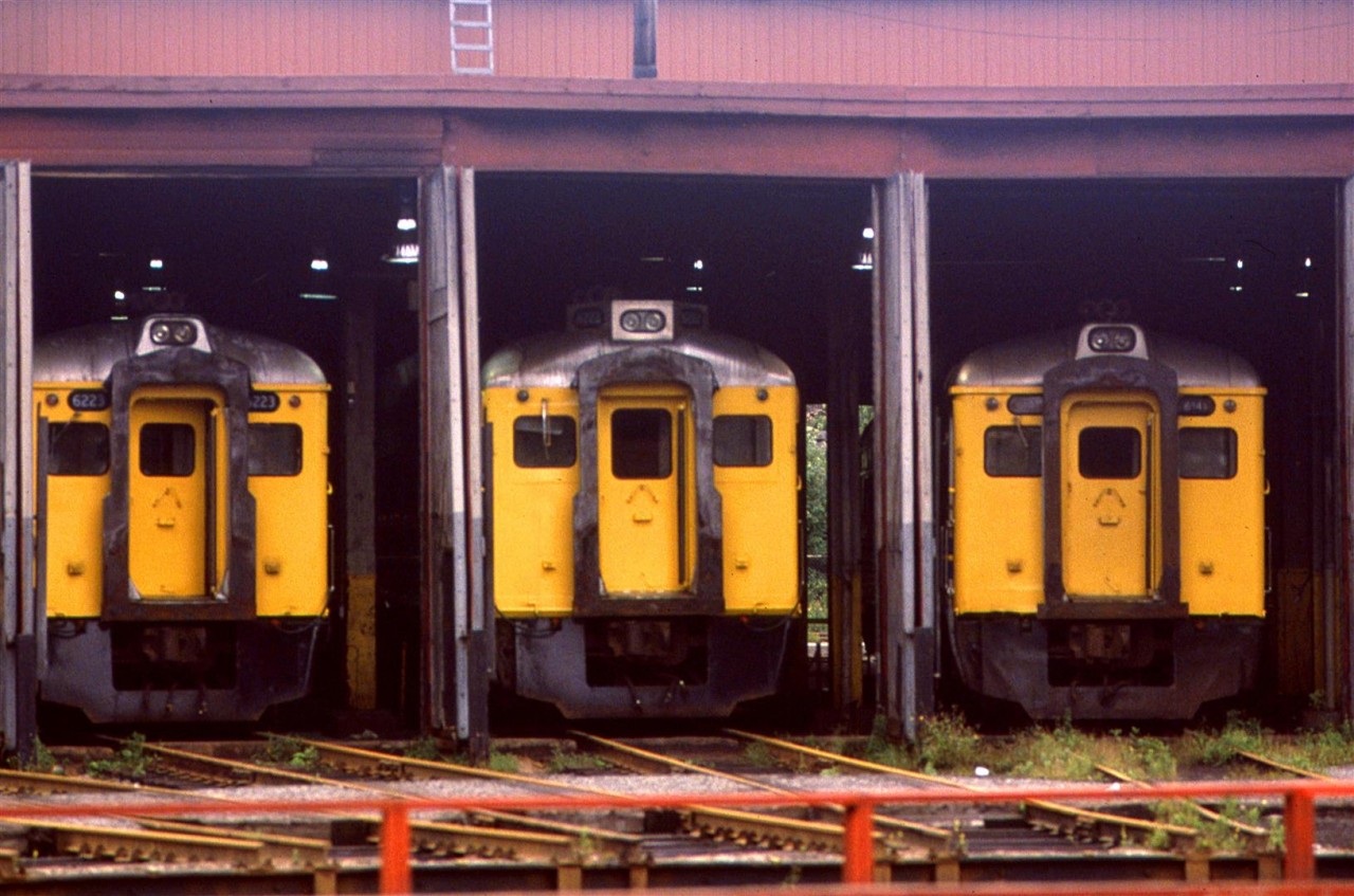 # RDC's sit in the roundhouse at Fairview Shops. Judging by the rust on the tracks, these must be the victims of service cuts.