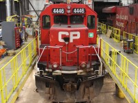 This ex SOO GP38-2 built in 1981 was repainted into CP colours in 2011. Here it is shopped awaiting an air compressor change out.