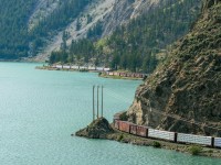 Where two-tone green MLWS and self-propelled Budd cars used to roam, a pair of CN SD70M-2s lead daily Prince George - Squamish train 570 along the shore of Seton Lake on the former BC Rail.