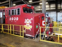 The "Strathconas" locomotive has it's inspection at the shop underway. It was built in 2011 and is the only unit to carry the coat-of-arms of Lord Strathcona's Horse Regiment.