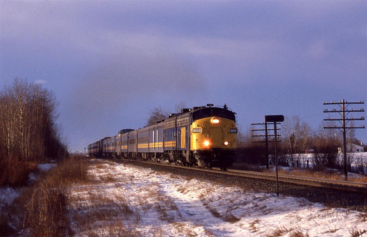 Shortly after a welded rail clear to the west, the combined eastbound "Super Continental" and "Skeena" came through Wildwood, about 1 1/2 hours west of Edmonton