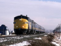 An abbreviated "Super Continental" is arriving in Edmonton. The Domtar facility is still intact at this time. They applied creosote to ties there and pretty much became a Canadian equivalent SuperFund site. After the razing of the structures, a giant tarp was put over the mound of contaminated soil and debris. Groundwater was pumped out and treated or burnt. That went on for well over a decade. The land is still not developed, but housing abuts the site to the east and west.
The train is on the Wainwright Sub and has just crossed the high bridge over the North Saskatchewan River, just beyond the set of signals seen in the background. 