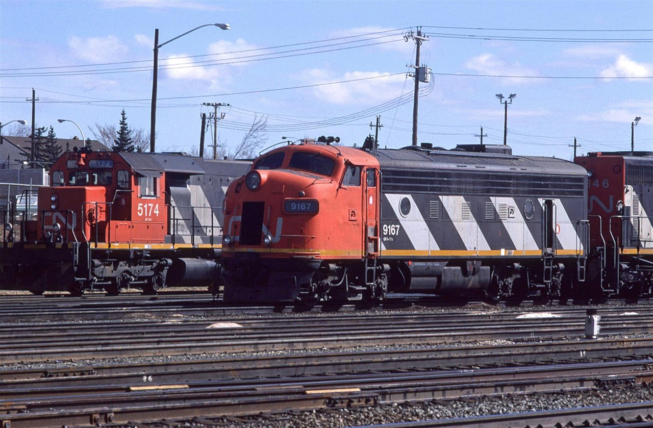 I can only speculate, but I believe these old warhorses were kept in Edmonton to travel up the light rails NW of Edmonton (Westlock Sub and beyond - former NAR tracks). My speculation may be incorrect if this old F-9 came in with the coupled SD-40. No SD-40's were going up the Westlock Sub at this time. There were a few SD-38's inherited from the NAR though.