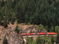 Looking like a model train layout in the basement of some railfan's home, this eastbound CP empty grain train is about to enter the tunnel just before emerging on their bridge over the Fraser River at Cisco. Directional running in the canyon was only a thought for those more progressive thinking RR operations leaders.