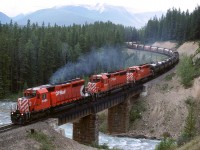 In order to show my railfan acquaintance how one can chase a train from the summit of Kicking Horse Pass all the way to Golden - the area covered by his planned guide, we decided to chase this train. The next several photos were all taken from roadside locations. This was our sixth photo location, just before Ottertail siding. I have seen a recent photo of this location and there are some less-than-attractive power lines adjacent to the tracks opposite the highway.