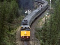 The eastbound "Canadian" is at the east end of Partridge siding, above both Spiral Tunnels in Kicking Horse Pass.
I had some difficulty identifying the exact photo location, because i could not figure out where I was on Google Maps. It was easy to find the east switch, but the track seemed to have a strange configuration. Well, after some more Googling, I learned that Partridge was extended eastward a few thousand feet sometime since this photo was taken.
This train is sporting what I would assume was the regular power contingent - a new F-40PH and an old FPB-9. Subsequent passenger trains that we would see over the next day or two would have a CP unit tacked on.