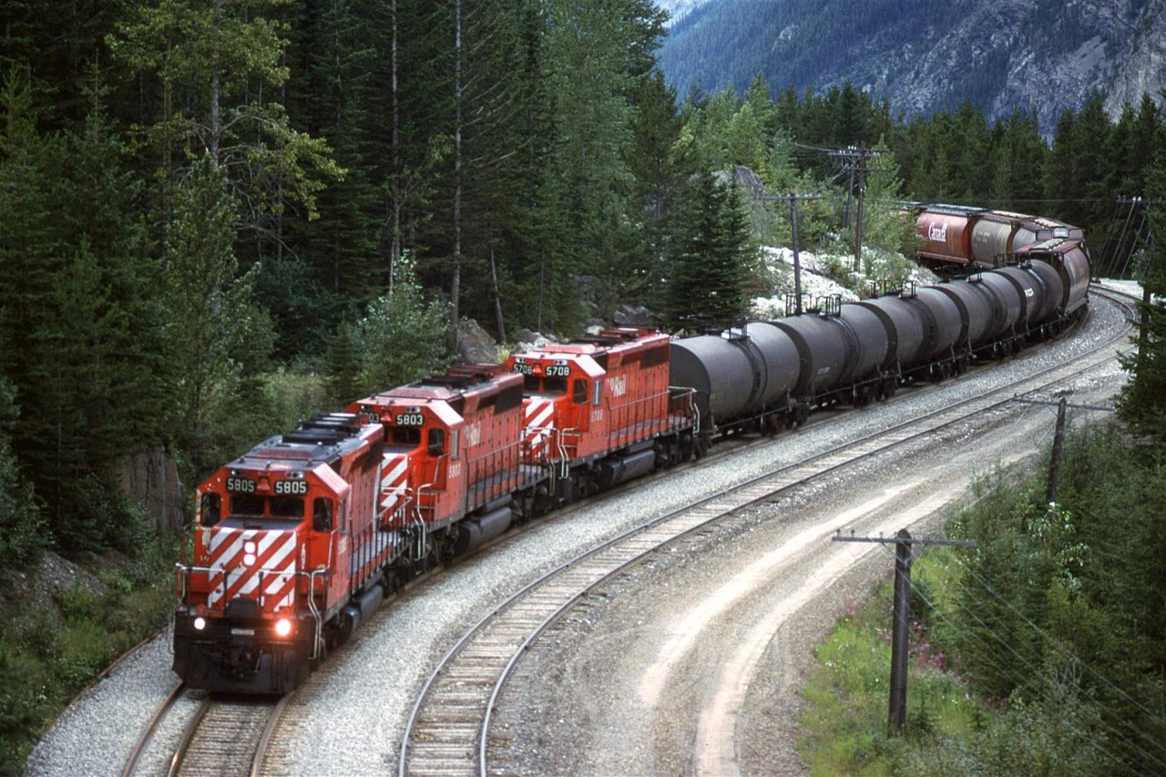 In order to show my railfan acquaintance how one can chase a train from the summit of Kicking Horse Pass all the way to Golden - the area covered by his planned guide, we decided to chase this train. The next several photos were all taken from roadside locations.
This was our third photo location. We shot the train at the west end of Wapta Lake, but the trees had grown up in a way that I had not anticipated at the time, so I did not submit that photo to PR.ca. So, here it is between the two Spiral Tunnels as it is about to duck under the Trans Canada Highway. Just behind me was an observation deck constructed by Parks Canada to give people a good view of the Lower Spiral Tunnel. It was great at the start, but they failed to recognize that the trees would grow and obliterate the view. I think that have since removed the deck.