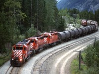 In order to show my railfan acquaintance how one can chase a train from the summit of Kicking Horse Pass all the way to Golden - the area covered by his planned guide, we decided to chase this train. The next several photos were all taken from roadside locations.
This was our third photo location. We shot the train at the west end of Wapta Lake, but the trees had grown up in a way that I had not anticipated at the time, so I did not submit that photo to PR.ca. So, here it is between the two Spiral Tunnels as it is about to duck under the Trans Canada Highway. Just behind me was an observation deck constructed by Parks Canada to give people a good view of the Lower Spiral Tunnel. It was great at the start, but they failed to recognize that the trees would grow and obliterate the view. I think that have since removed the deck.