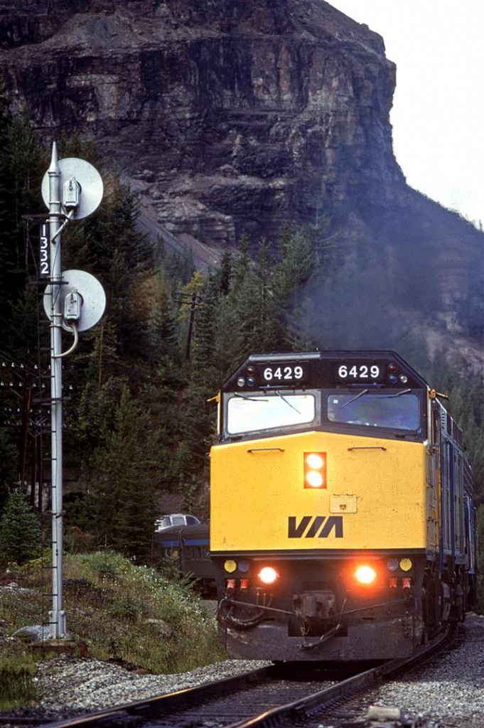 The eastbound "Canadian" has been climbing since leaving Field and is now at the west switch of Cathedral siding. The train is still occupying the small tunnel, as seen through the brush at left. Mount Stephen dominates the background.