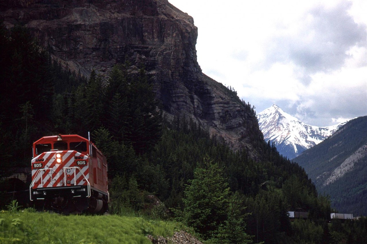 An eastbound expedited train exits the short tunnel just west of Cathedral Siding. The rest of the train rugs a ledge on the side of Cathedral Mountain. Just past where the train disappears, is a large slide area that CP has had to invest a lot of resources over the years. There is now a significant concrete slide shed to protect the ROW.