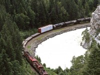 We couldn't walk into the canyon so we resorted to the views from the highway. This eastbound manifest is working up the Kicking Horse Canyon just east of Golden. 