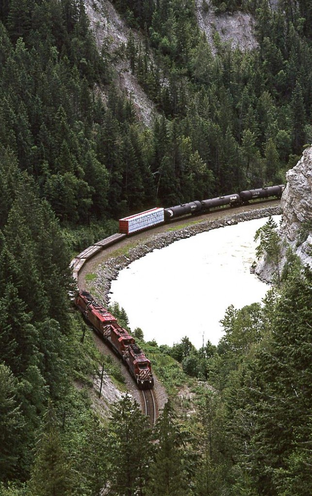 We couldn't walk into the canyon so we resorted to the views from the highway. This eastbound manifest is working up the Kicking Horse Canyon just east of Golden.