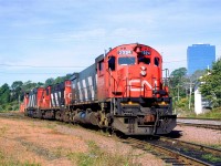 This interesting assortment of power (M-636, RSC-14, HR-616) came into the small yard on Dartmouth's waterfront without any trailing cars. That likely means that it was the power on a gypsum train, and that the loads were left at Wrights Cove for trans-shipment.